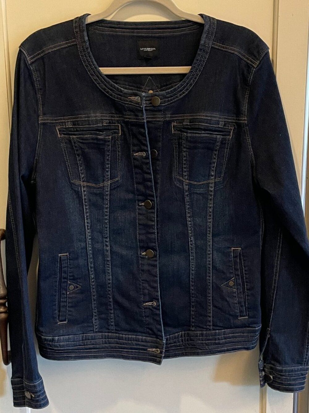 Liverpool Collarless Denim Jacket in Dark Wash Blue, Size XL